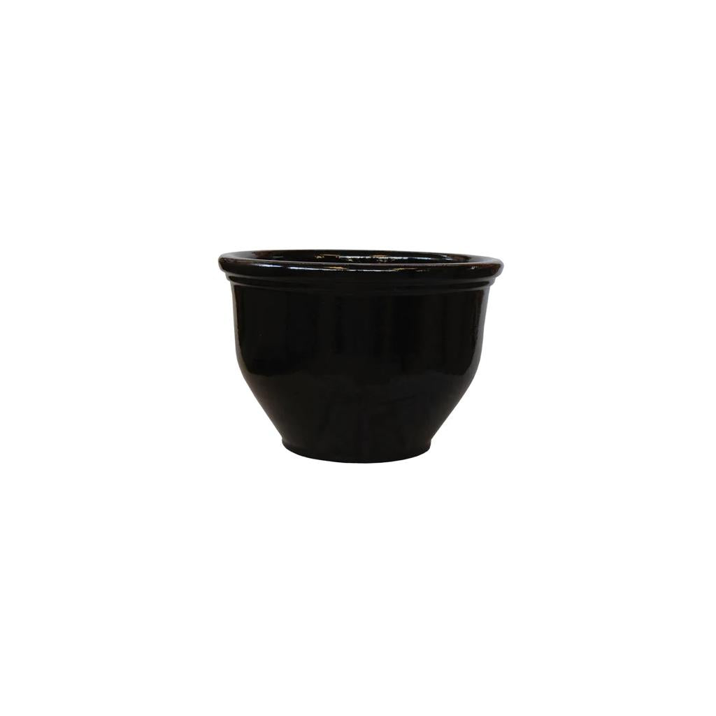 Round black ceramic plant pot with wide rim, minimalist indoor planter